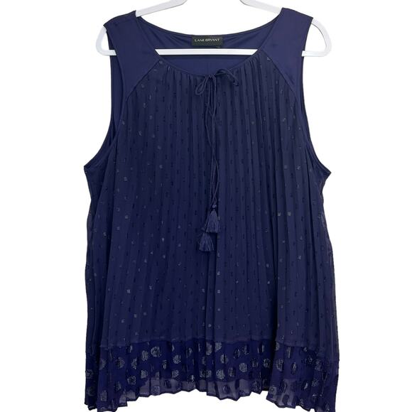 Lane Bryant Tops - Lane Bryant Pleated Sleeveless Top blue Size 24 Polka Dot Tassel Sheer Plus Size